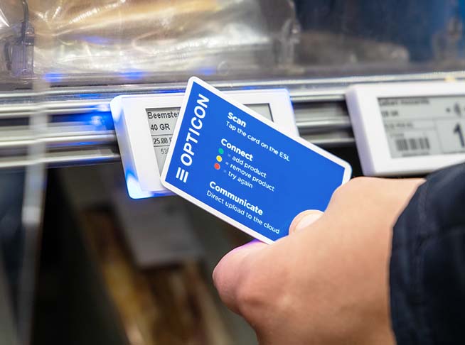 Opticon Electronic Shelf Label with active NFC used for cashierless shopping experience