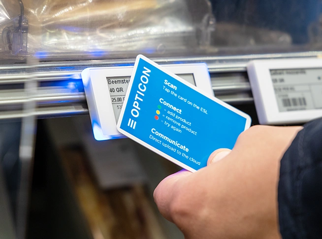 Opticon Electronic Shelf Label with active NFC used for cashierless shopping experience